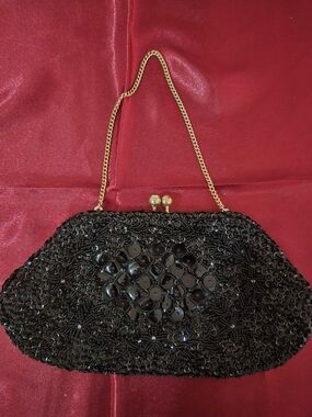 Black Beaded Evening Clutch with Gold Chain